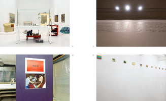 A four-panel image showing scenes from an art exhibition and studio. At top left is a studio with a work table, red carts, and various artworks. At top right is a wall with text in English and Arabic illuminated by spotlights. At bottom left, a purple wall holds a photo of men in a workshop and a red color swatch. At bottom right, a long white gallery wall displays a single row of small, colorful abstract paintings.