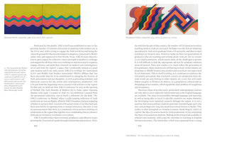 An open book shows a two-page spread from an essay. The top left features Mohamed Melehi's 1968 painting Composition, with colorful horizontal waves on a yellow-green field. The top right shows Mohammed Chabâa's 1974 Composition, an angular abstract painting with interlocking shapes in warm and cool colors. Below are two columns of text by Nada Shabout, titled The Uncertainty of Times, discussing modern Arab art.