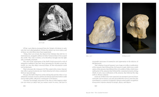 A two-page spread from a book about an ancient marble bull's head sculpture. At the top, a black-and-white photo from 1967 shows the artifact in a rough state, next to two color photos from 2017 and 2018 that show it cleaned and mounted for display. The text below discusses the history of the artifact, its theft, and its repatriation.