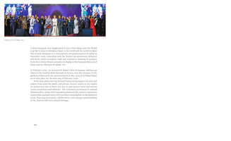 A page from a book, numbered 492, featuring a photograph and text. The photo at the top left, captioned Fashion Trust Arabia, 2024, shows a large group of elegantly dressed men and women posing on a stage. Below the image, the text discusses Qatar's culture program, the Rubaiyat art quadrennial, and plans for a permanent national pavilion in Venice.