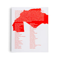 A close-up of a book's back cover with red text on a white page. A paragraph at the top discusses art from the Arab world, and below it are two columns of names. A large, abstract red shape is printed over the text, obscuring some of the words and names.
