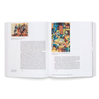 A high-angle photo of an open art book laid flat on a white surface. The book is open to pages 276 and 277, which feature black text and two color reproductions of modern Iraqi paintings. On the left is The Qorra by Shakir Hassan Al-Said, and on the right is Dice Game in a Café - Baghdad by Hafidh Al-Droubi.