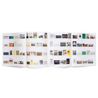 An open, multi-page, accordion-fold publication, likely an art catalog, is spread out horizontally against a white background. The pages are organized into a grid, displaying dozens of small, numbered thumbnail images of various artworks, including paintings, photographs, drawings, and portraits.