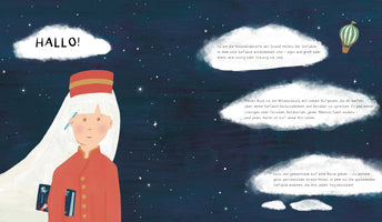 An illustration from a children's book showing a girl with long white hair wearing a red hotel director's uniform against a dark, starry sky. Several cloud-like bubbles contain German text, one of which says HALLO!. In the upper right corner, a small hot air balloon floats by.