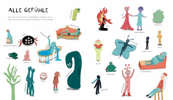 An illustration in German titled Alle Gefühle (All Feelings), showcasing a variety of whimsical, colorful characters that personify different emotions. Each figure is labeled, such as a black creature with a flaming head for rage, a character crying into a bathtub for sadness, and a heart-shaped figure holding hands for love.