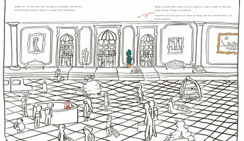 A black and white line drawing, intended for coloring, depicts a busy, grand hall with a tiled floor. The hall is filled with a crowd of whimsical and surreal cartoon creatures, including aliens and ghosts, many carrying luggage. The background features ornate columns, large windows, and framed art. German text is written at the top of the page.