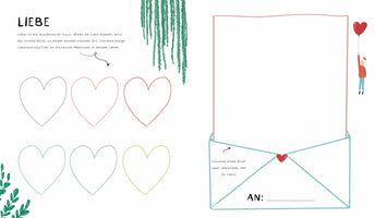 A two-page spread from a German activity book about love. On the left, under the title LIEBE, are six colorful, empty heart outlines for writing messages. On the right is a large illustration of an open envelope, providing a space to write a letter to a loved one, with a blank line next to AN:. A small figure holding a red heart-shaped balloon floats nearby.
