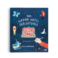The cover of the German book Das Grand Hotel der Gefühle by Lidia Branković. An illustration on a dark blue, starry background shows a large red hotel in the center. Floating around the hotel are various whimsical characters: a blue butterfly, a figure with its head on fire, a small white ghost, a multi-eyed spider, a person with a watermelon head, and a blue figure in an overflowing bathtub. A hand in a red sleeve holds a pen.
