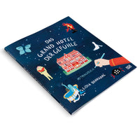 The German children's book Das Grand Hotel der Gefühle by Lidia Branković, shown at an angle on a white background. The dark blue, illustrated cover depicts a grand red hotel against a starry sky, surrounded by whimsical cartoon characters representing various emotions, including a ghost, a spider, a butterfly, and a creature in a bathtub.