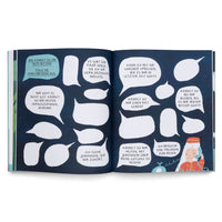 A two-page spread from an illustrated book in German with a dark blue background. The pages are covered in white speech bubbles of various sizes. Some contain text with phrases for asking for help and expressing feelings, while others are left blank for the reader to fill in. In the bottom right corner, an illustrated person in a red uniform and hat speaks on a light blue telephone.