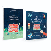 Two illustrated books by Lidia Branković titled Das Grand Hotel der Gefühle are shown side-by-side on a white background. The cover on the left shows a large red hotel at night with people and vehicles in the foreground. The cover on the right is for a Mitmachbuch, or activity book, and features the hotel along with smaller, whimsical illustrations like a butterfly, a flame, and a hand holding a pen.