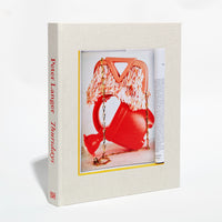 A beige, cloth-bound book titled Peter Langer Thursdays in red text on the spine, standing against a white background. The front cover has an inset photograph of a bright red watering can tipped on its side, decorated with a pink fringed item and a gold chain.