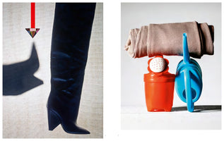 A two-panel fashion photograph. On the left, a close-up of a tall black boot with a geometric heel, next to a sharp shadow and a colorful crystal hanging from a red ribbon. On the right, a still life of a small blue watering can and an orange flower-shaped sprinkler, with a roll of beige fabric balanced on top.