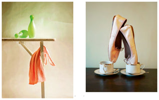 A diptych of two still life photographs. On the left, two green vases sit on a rustic wooden shelf with a coral-colored cloth draped over a leg. On the right, a pair of pink satin ballet shoes are placed upright into two white teacups with gold rims that sit on a dark table.