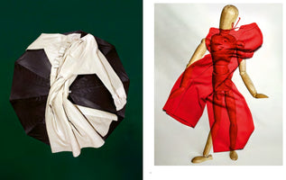 A diptych showing two artistic fashion setups. On the left, a cream-colored ruffled shirt is draped over an open black umbrella against a dark green background. On the right, a wooden artist's mannequin is posed, overlaid with a sheer, bright red sculptural garment against a plain white background.
