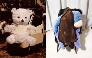 A side-by-side comparison of two photos. On the left, in a sepia tone, a white teddy bear sits in the open door of a car at night. On the right, a large blue Eeyore stuffed animal sits on a chair with a brown suede jacket draped over it.