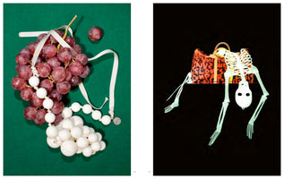 A two-panel image showing two different still life photos. On the left, a bunch of red grapes is adorned with a white beaded necklace and a ribbon on a green surface. On the right, a white toy skeleton hangs upside down over a red and orange handbag against a black background.