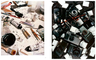 A diptych from a book. On the left is a messy, paint-splattered white surface with art supplies, including tubes of paint, used brushes, and tape. On the right is a pile of various black and silver point-and-shoot cameras on a dark background.