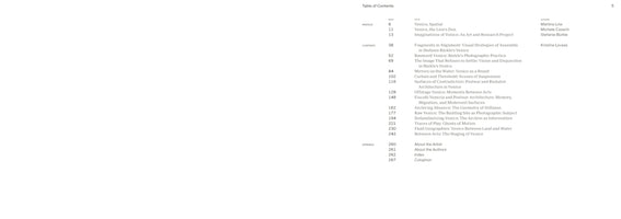 The Table of Contents from a book, displayed on page 5 with a minimalist layout. The content is organized into three columns: Page, Title, and Author. Sections include a Preface, Contents, and Appendix. The chapter titles, such as Venice, Spatial and Mirrors on the Water: Venice as a Brand, indicate the book's focus is on Venice. The appendix includes About the Artist, About the Authors, Index, and Colophon.