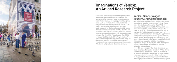 A two-page spread from a book or article. On the left, a photograph shows a bustling square in Venice, filled with tourists and pigeons in front of the Doge's Palace, which is partially covered by a large printed banner showing its own facade during restoration. On the right, the page features the title, Imaginations of Venice: An Art and Research Project, followed by text discussing tourism and the city's image.