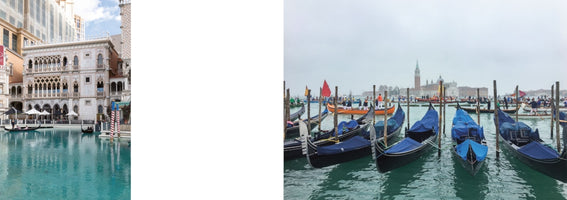 A diptych contrasting a bright, sunny Venetian-themed resort with the real Venice. On the left, a gondola floats on turquoise water by a replica palace. On the right, dozens of gondolas are moored and navigating the Grand Canal on an overcast day, with the Venice skyline in the background.