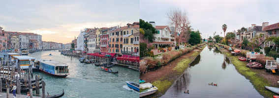 A side-by-side comparison image showing two canal scenes. On the left, the bustling Grand Canal in Venice, Italy, is lined with grand, historic buildings and filled with gondolas and water buses. On the right, a quiet, narrow canal in Venice, California, is flanked by residential homes, grassy banks, and small boats, with ducks swimming in the water.
