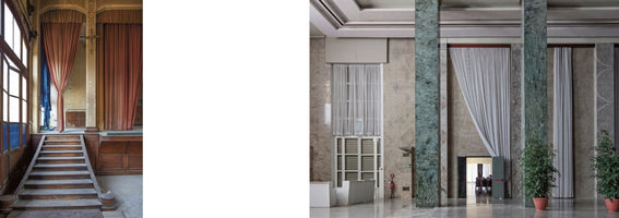 A diptych showing two contrasting interiors. On the left, an old, dusty room with a wooden staircase and heavy, rose-colored velvet curtains. On the right, a modern, polished marble lobby with tall green marble pillars, light gray curtains, and potted plants.