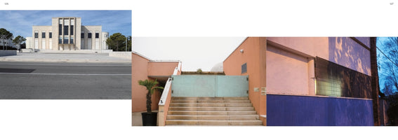 A two-page book spread. The left page shows a wide shot of a symmetrical, light-stone institutional building behind a large plaza and a road. The right page features a collage of colorful, modern architectural details, including peach walls, a staircase, and a deep blue wall.