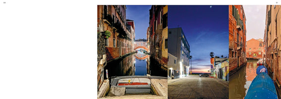 A magazine spread featuring a triptych of three vertical photographs. The left photo shows a narrow Venice canal at night with illuminated buildings reflecting in the water. The central photo captures a wide street in a coastal city at twilight, with palm trees and a colorful sky. The right photo shows a daytime view down another narrow Venice canal from the perspective of a boat.