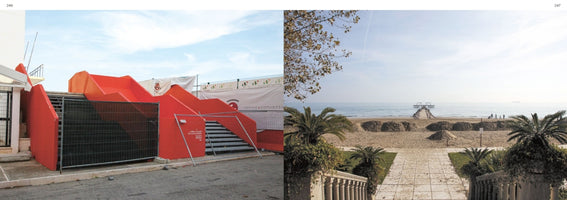 A two-panel image showing a contrast of scenes. On the left, a close-up of a temporary, angular red staircase behind a metal fence for an event. On the right, a wide view from a garden with palm trees overlooking a sandy beach and a calm sea with a pier in the distance.