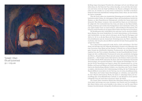 A two-page spread from an art book displays Edvard Munch's painting, Vampire, on the left. The painting shows a woman with long, flowing red hair embracing a man with dark hair, who buries his head in her chest. They are set against a dark, swirling, abstract background. The right-hand page contains a full column of German text discussing the artwork.