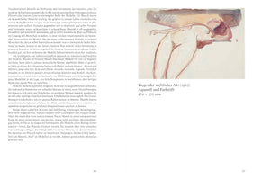 A two-page spread from an art book. The left page contains a column of German text. The right page displays a watercolor and colored pencil sketch titled Liegender weiblicher Akt (1910). The artwork shows a reclining female nude with an arched back and her head thrown back, rendered in loose, expressive strokes of red and flesh tones.