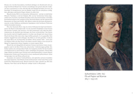 A book page displaying an early self-portrait by Edvard Munch from 1881-82. The oil painting shows the young artist from the chest up, with fair, wavy hair and a serious, intense expression. He wears a dark suit and tie, and his face is illuminated from the left against a dark, somber background. To the left of the painting is a page of text in German.