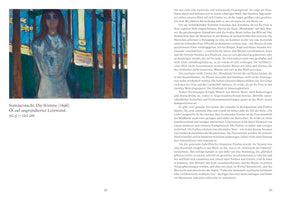 A page from a book showing Edvard Munch's painting, Summer Night. The Voice (1896), on the left, with descriptive German text on the right. The expressionist artwork depicts a woman in a pale dress standing in a dark forest by the sea, with a bright column of moonlight reflecting on the water.