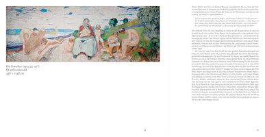 A two-page spread from an art book featuring Edvard Munch's painting, Die Forscher (The Researchers). The colorful, wide oil painting on the left page depicts a woman in a white dress holding a baby, surrounded by nude children on a beach by the sea. The right page contains a block of explanatory text in German.