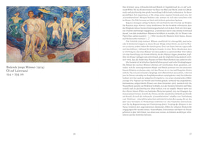 A book page with Edvard Munch's Expressionist painting, Bathing Young Men (1904), on the left and a column of German text on the right. The painting shows a group of nude young men on a beach and in swirling, vibrantly colored water. The figures are rendered with dynamic brushstrokes in a palette of blues, greens, and warm earth tones.