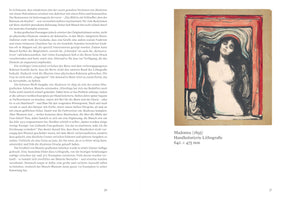 An open book showing Edvard Munch's 1895 lithograph, Madonna, on the right page, with German text on the left. The artwork depicts a nude woman from the torso up with long, dark, flowing hair, her head tilted back and eyes closed. A swirling red border frames the central figure, with a small, skeletal fetus-like figure in the bottom-left corner.