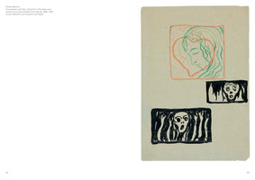 An off-white sheet of paper displaying three sketches by Edvard Munch. The top sketch, in green and red colored pencil, shows a woman's profile with long hair inside a large heart. Below are two smaller, rectangular sketches in black ink. One shows a face with wide, terrified eyes. The other depicts a screaming figure with hands on either side of its head, reminiscent of Munch's iconic work, The Scream.