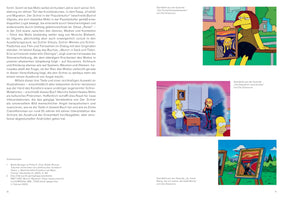 A two-page spread from a book. The left page contains a block of German text with footnotes. The right page displays three stills from the animated TV show The Simpsons, each featuring a parody of Edvard Munch's painting The Scream. The parodies show different characters from the show interacting with or depicted as the subject of the painting.