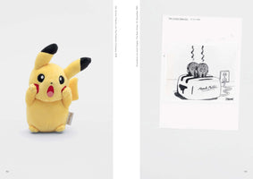 A two-page book spread. On the left page, a yellow Pikachu plush toy stands against a white background, mimicking the pose from Edvard Munch's The Scream with its paws on its cheeks and mouth open. On the right page, a black and white cartoon shows two screaming, skull-like pieces of toast popping out of a toaster labeled Munch Master.