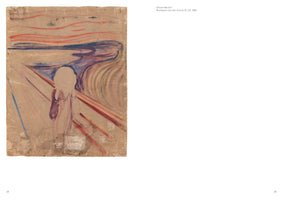 A sketch by Edvard Munch from 1893, located on the reverse side of his famous painting, The Scream. The composition on cardboard shows a figure with a blank, featureless head standing on a bridge under a swirling sky of red, orange, and blue.