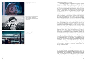 A double-page spread from a book. The left page, numbered 114, shows three images of people screaming: a color still from the movie Scream, a black-and-white still from the film Battleship Potemkin, and a color photograph of artist Marina Abramović screaming in Oslo. The right page, 115, contains a large block of German text discussing the motif of the scream in art.