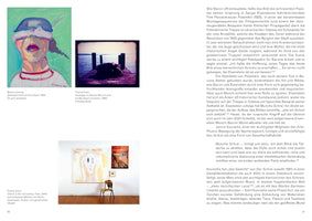 A two-page spread from an art book in German, showing pages 86 and 87. Page 86 displays three artworks with captions: a colorful self-portrait by Maria Lassnig with a saucepan over her eyes, a film still by Tracey Emin showing a figure on a dock, and an installation by Emin featuring a painting inspired by The Scream. Page 87 contains a single, dense column of German text analyzing art.