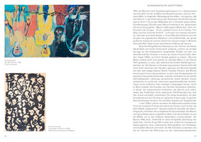 A page from an art book or catalog. On the left are two artworks: at the top, Georg Baselitz's colorful expressionist painting, Der Brückechor, from 1983, depicting several figures upside down. Below is Jannis Kounellis's Hommage an Munch II, a 2003 black and white print showing a dense mass of stylized, anxious faces. On the right is a column of German text discussing art history under the heading IKONOGRAFISCHE ADAPTIONEN.