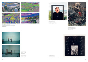 A two-page spread from an art book on pages 94 and 95, showing several artworks inspired by Edvard Munch's The Scream. The left page displays four colorful, digitally distorted versions of The Scream and two photographs of figures with oversized heads in a studio. The right page shows a photo of Marina Abramović screaming inside a picture frame, a dark painting of a giant crying head over rubble, and a black-and-white print of The Scream centered on a black square with white marks.