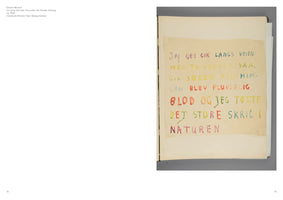 A two-page spread from a book. The left page contains German text identifying the artwork on the right. The right page shows a piece by Edvard Munch from circa 1930: a handwritten text in Norwegian on a yellowed sheet of paper. The words, painted in various watercolor hues, describe the feeling behind his work The Scream.