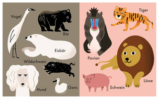 A two-page children's book illustration showing various animals with their German names. On the left page are a bird, a black bear, a polar bear, a wild boar, a dog, and a goose. On the right page are a baboon, a tiger, a lion, and a pig.