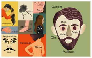 An educational chart with stylized illustrations labeling parts of the human body in German. On the right, a large image of a man's face is labeled with Gesicht, Stirn, Augen, Nase, Ohr, and Vollbart. On the left, smaller, colorful blocks show and label other parts like a Pferdeschwanz (ponytail), Nacken (neck), Hand (hand), Fuß (foot), Rücken (back), and Ellenbogen (elbow).
