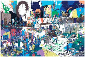 A dense and chaotic illustration in a vibrant graphic novel style, depicting dozens of interconnected scenes of people creating art. The composition includes surreal elements like a giant Heinz Ketchup bottle and a green elephant, all unified by large, colorful splatters of paint across the entire image.