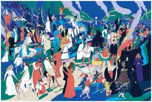 A vibrant and chaotic illustration of a large, costumed crowd celebrating at a festival by a lake at night. People in formal wear, masks, and fantastical outfits dance and gather around large bonfires under a full moon, creating a surreal and energetic scene rendered in bold, flat colors.